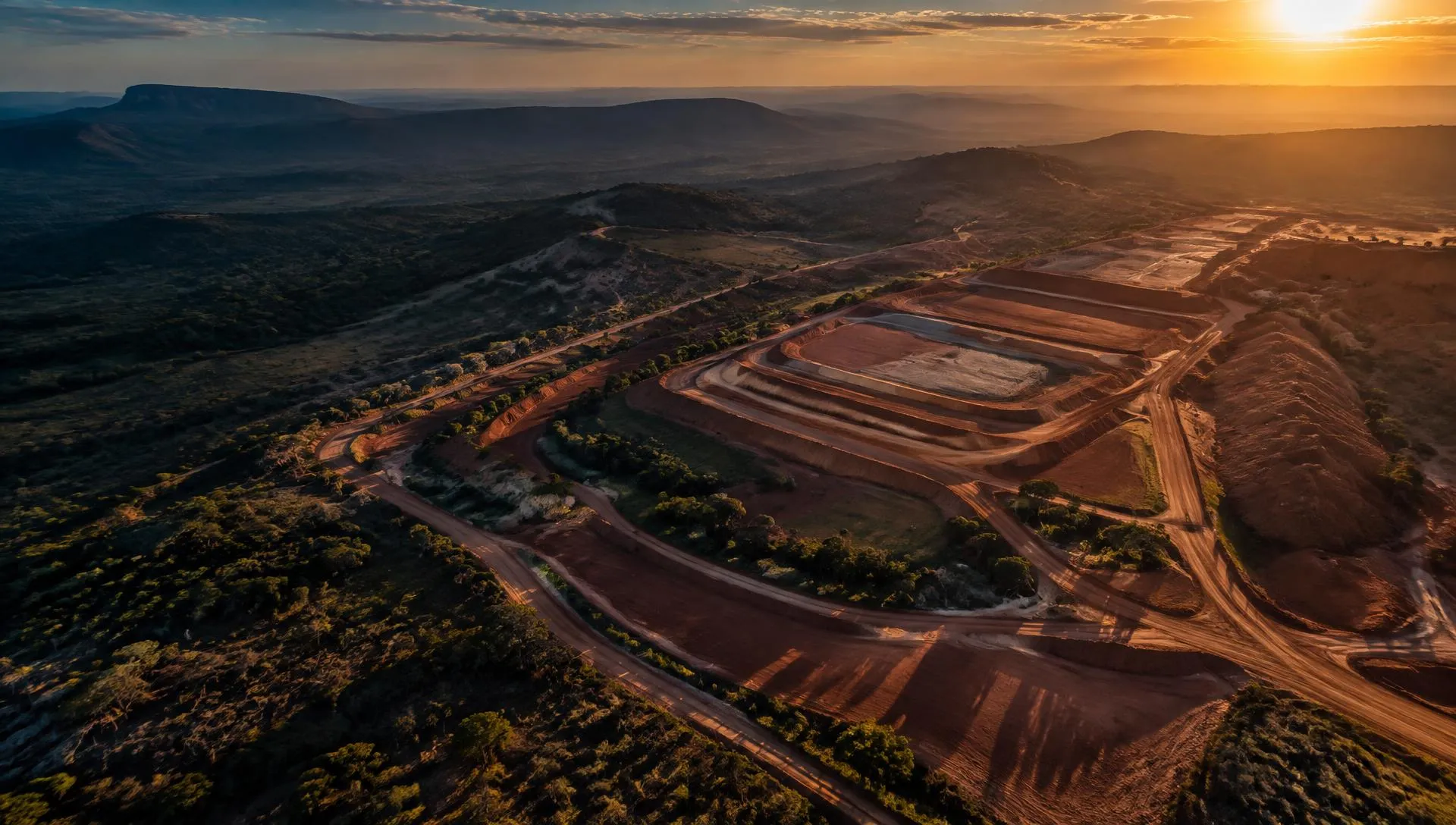 Vista aérea ao entardecer de obra de terraplenagem no cerrado, com platôs, estradas de terra e relevo
